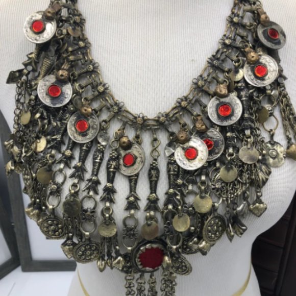 Ethnic Oversized Choker Necklace With Glass Stones and Dangling Tassels - Picture 1 of 6